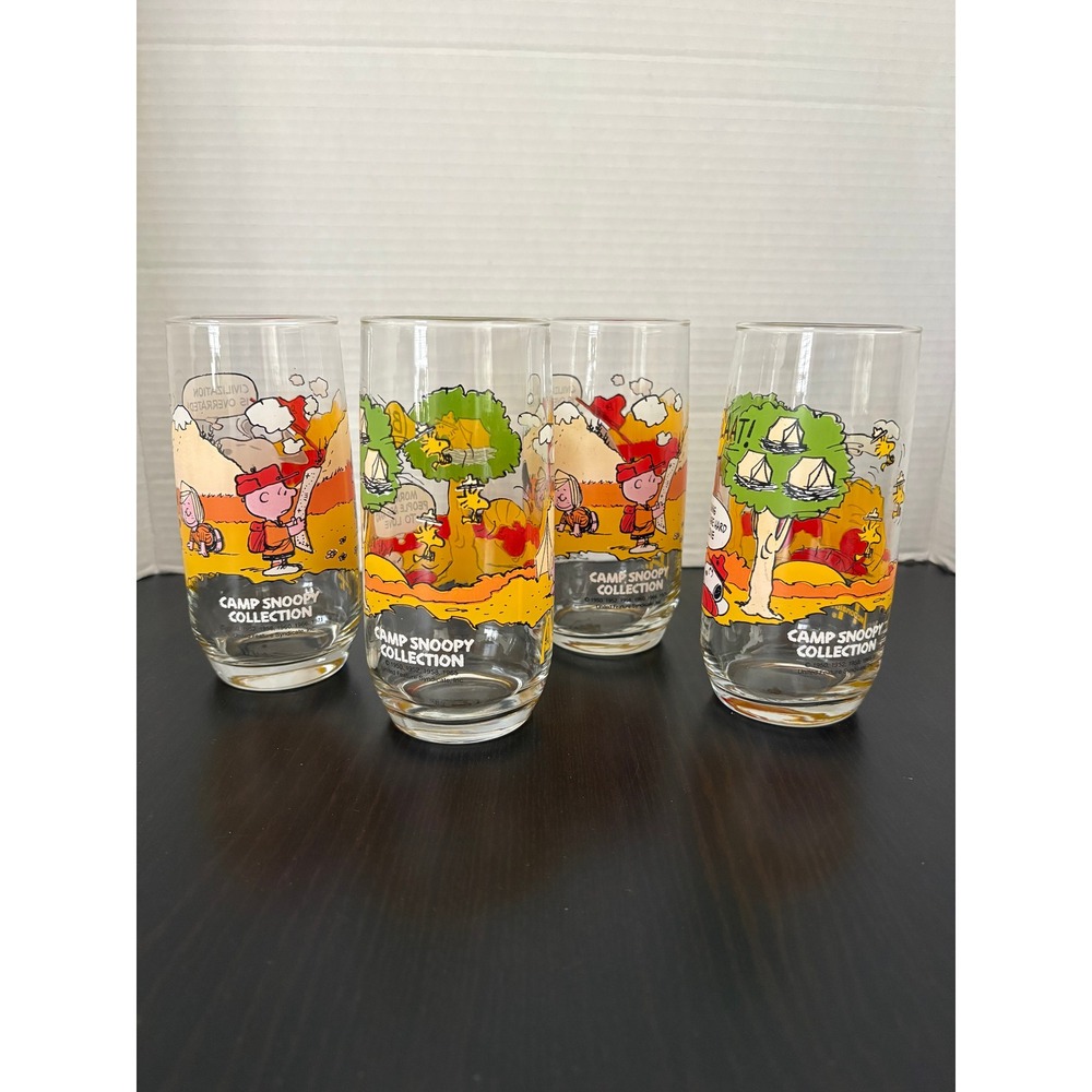 McDonalds Camp Snoopy Collection Glasses Set of 4 Peanuts 6in Vintage Retro